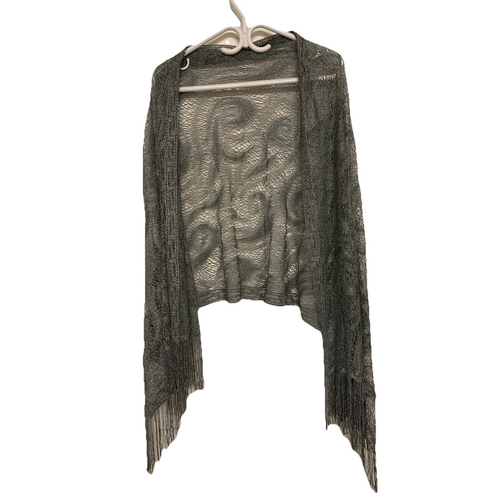 Open Knit Shawl Grey Sparkly Fringe Wrap Scarf Formal Statement Wedding Party